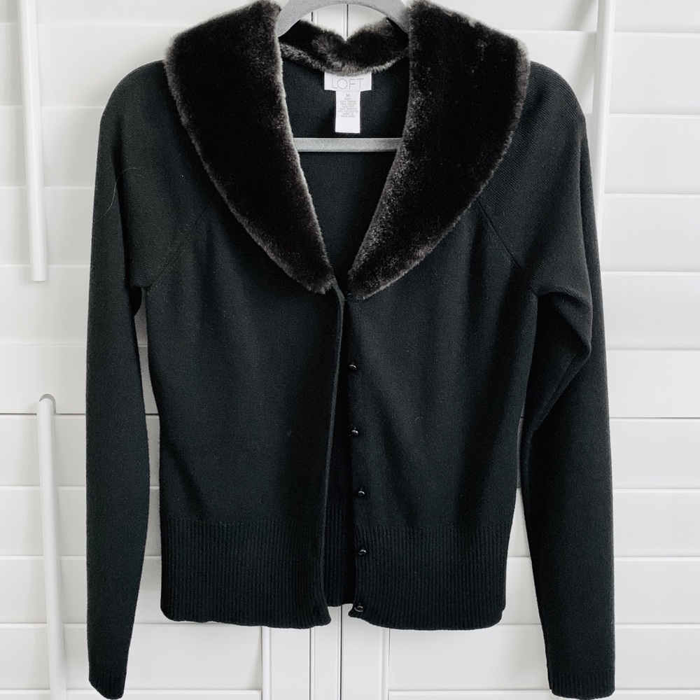 LOFT vintage style black faux fur collar cardigan